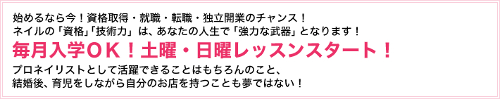 始めるなら今！資格取得・就職・転職・独立開業のチャンス！ネイルの「資格」「技術力」は、あなたの人生で「強力な武器」となります！毎月入学ＯＫ！土曜・日曜レッスンスタート！プロネイリストとして活躍できることはもちろんのこと、結婚後、育児をしながら自分のお店を持つことも夢ではない！